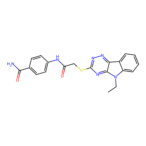 4-{2-[(5-Ethyl-5H-[1,2,4]triazino[5,6-b]indol-3-yl)sulfanyl]acetamido}benzamide structure