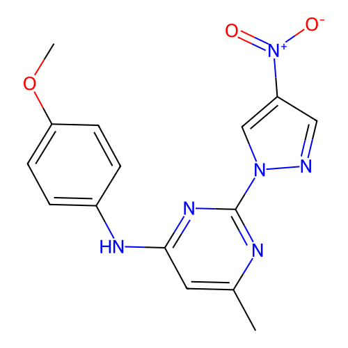 N-(4-methoxyphenyl)-6-methyl-2-(4-nitro-1H-pyrazol-1-yl)pyrimidin-4-amine structure