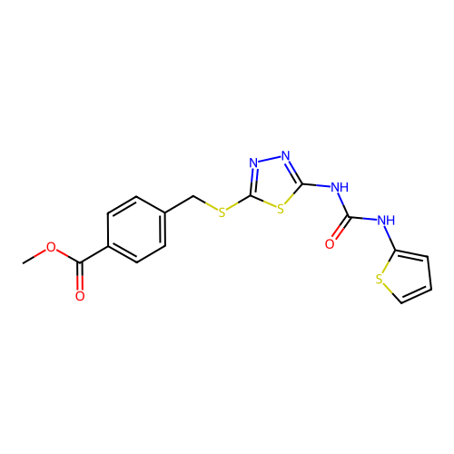 methyl 4-(((5-(3-(thiophen-2-yl)ureido)-1,3,4-thiadiazol-2-yl)thio)methyl)benzoate structure
