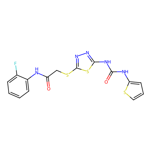 N-(2-fluorophenyl)-2-((5-(3-(thiophen-2-yl)ureido)-1,3,4-thiadiazol-2-yl)thio)acetamide structure