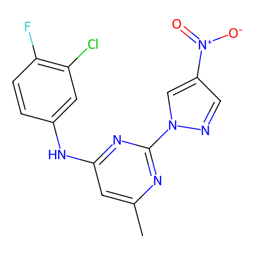 N-(3-chloro-4-fluorophenyl)-6-methyl-2-(4-nitro-1H-pyrazol-1-yl)pyrimidin-4-amine structure