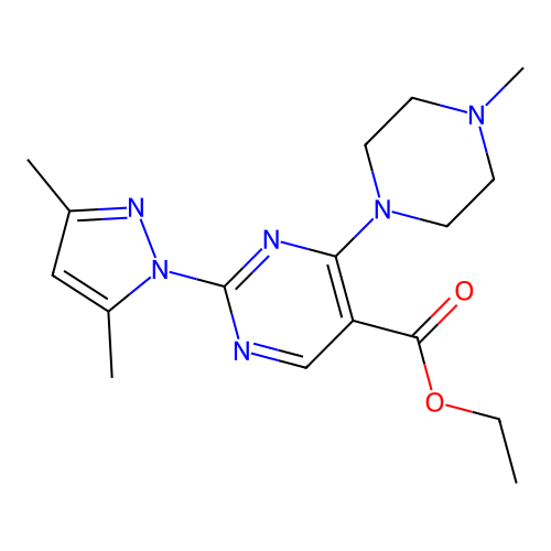 ethyl 2-(3,5-dimethyl-1H-pyrazol-1-yl)-4-(4-methylpiperazin-1-yl)pyrimidine-5-carboxylate structure