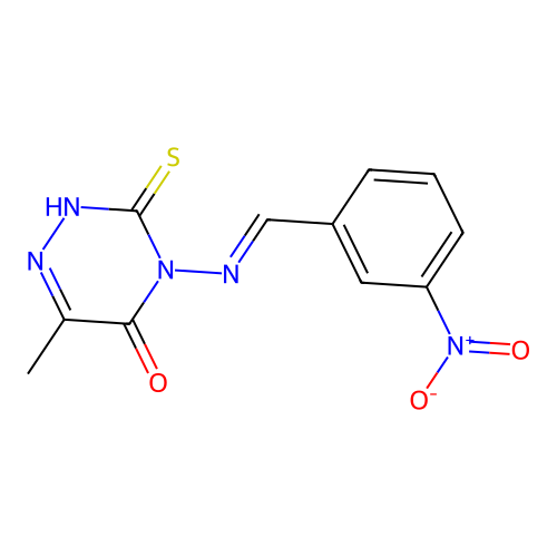 6-methyl-4-[(E)-(3-nitrophenyl)methylideneamino]-3-sulfanylidene-2H-1,2,4-triazin-5-one structure