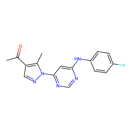 1-(1-(6-((4-fluorophenyl)amino)pyrimidin-4-yl)-5-methyl-1H-pyrazol-4-yl)ethanone structure
