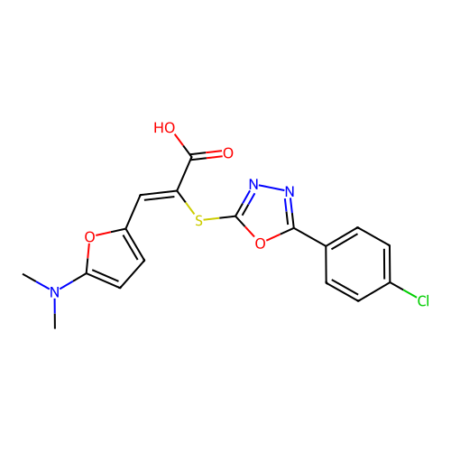 (Z)-2-[[5-(4-chlorophenyl)-1,3,4-oxadiazol-2-yl]sulfanyl]-3-[5-(dimethylamino)furan-2-yl]prop-2-enoic acid structure