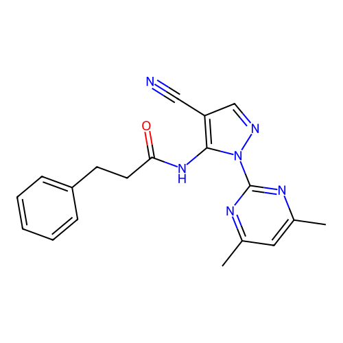 N-[4-cyano-2-(4,6-dimethylpyrimidin-2-yl)pyrazol-3-yl]-3-phenylpropanamide structure