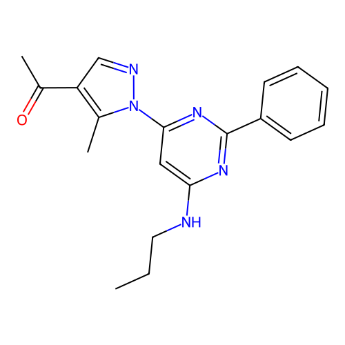 1-(5-methyl-1-(2-phenyl-6-(propylamino)pyrimidin-4-yl)-1H-pyrazol-4-yl)ethanone structure