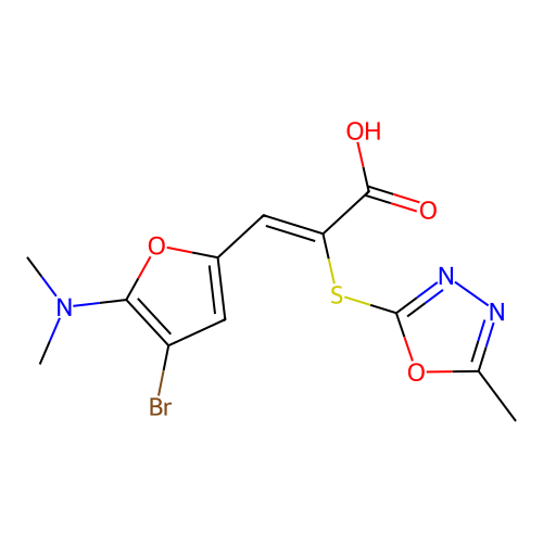 (Z)-3-[4-bromo-5-(dimethylamino)furan-2-yl]-2-[(5-methyl-1,3,4-oxadiazol-2-yl)sulfanyl]prop-2-enoic acid structure