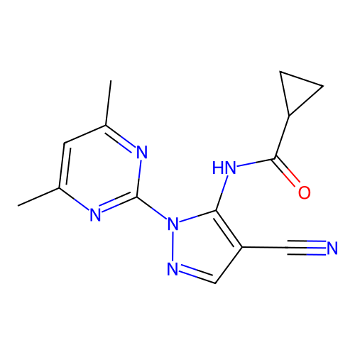 N-[4-cyano-2-(4,6-dimethylpyrimidin-2-yl)pyrazol-3-yl]cyclopropanecarboxamide structure