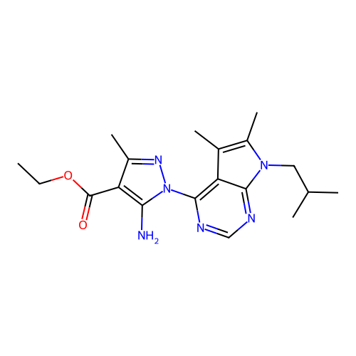ethyl 5-amino-1-(7-isobutyl-5,6-dimethyl-7H-pyrrolo[2,3-d]pyrimidin-4-yl)-3-methyl-1H-pyrazole-4-carboxylate structure