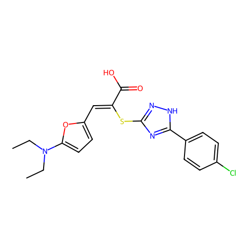 (Z)-2-[[5-(4-chlorophenyl)-1H-1,2,4-triazol-3-yl]sulfanyl]-3-[5-(diethylamino)furan-2-yl]prop-2-enoic acid structure