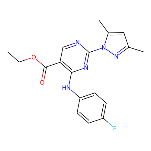 ethyl 2-(3,5-dimethyl-1H-pyrazol-1-yl)-4-((4-fluorophenyl)amino)pyrimidine-5-carboxylate structure