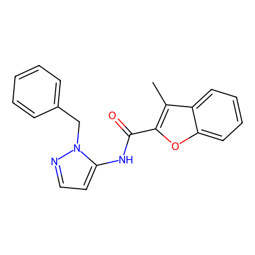 N-(1-benzyl-1H-pyrazol-5-yl)-3-methyl-1-benzofuran-2-carboxamide structure