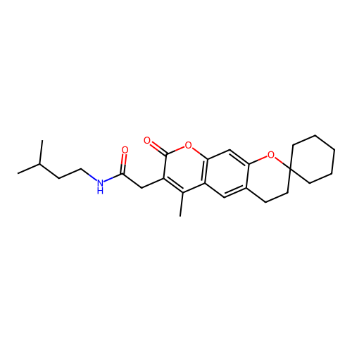 N-isopentyl-2-(6'-methyl-8'-oxo-4',8'-dihydro-3'H-spiro[cyclohexane-1,2'-pyrano[3,2-g]chromen]-7'-yl)acetamide structure