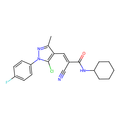 (E)-3-[5-chloro-1-(4-fluorophenyl)-3-methylpyrazol-4-yl]-2-cyano-N-cyclohexylprop-2-enamide structure