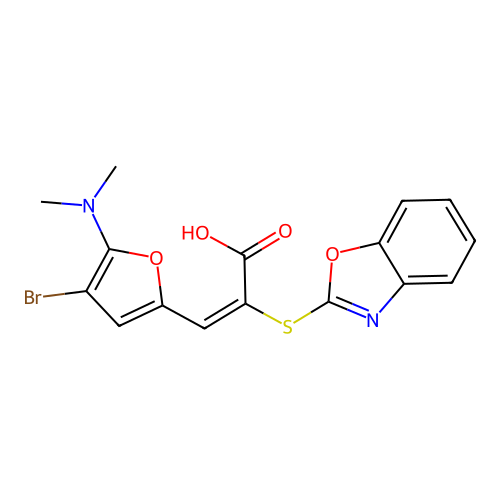 (E)-2-benzooxazol-2-ylsulfanyl-3-(4-bromo-5-dimethylamino-2-furyl)prop-2-enoic Acid structure