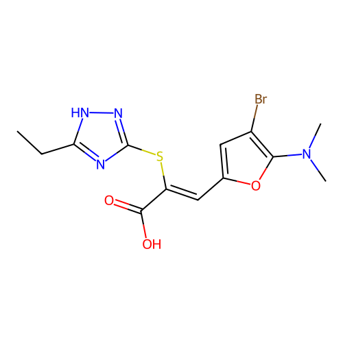 (Z)-3-[4-bromo-5-(dimethylamino)furan-2-yl]-2-[(5-ethyl-1H-1,2,4-triazol-3-yl)sulfanyl]prop-2-enoic acid structure