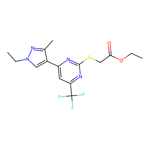 Ethyl 2-((4-(1-ethyl-3-methyl-1H-pyrazol-4-yl)-6-(trifluoromethyl)pyrimidin-2-yl)thio)acetate structure
