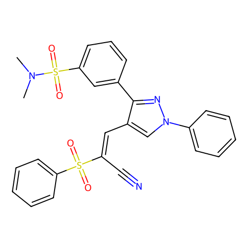 3-{4-[(E)-2-cyano-2-(phenylsulfonyl)ethenyl]-1-phenyl-1H-pyrazol-3-yl}-N,N-dimethylbenzenesulfonamide structure