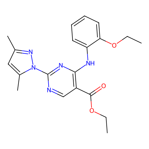 ethyl 2-(3,5-dimethyl-1H-pyrazol-1-yl)-4-((2-ethoxyphenyl)amino)pyrimidine-5-carboxylate structure