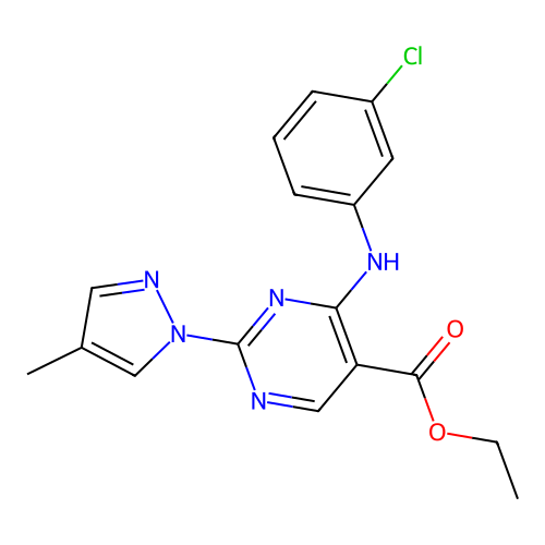 ethyl 4-(3-chloroanilino)-2-(4-methylpyrazol-1-yl)pyrimidine-5-carboxylate structure