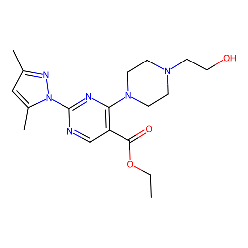 Ethyl 2-(3,5-dimethylpyrazol-1-yl)-4-[4-(2-hydroxyethyl)piperazin-1-yl]pyrimidine-5-carboxylate structure