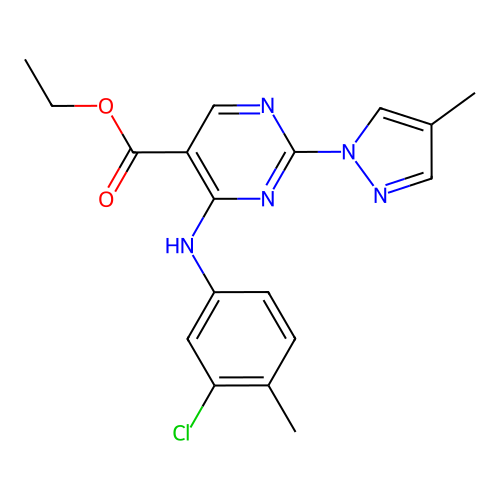 ethyl 4-(3-chloro-4-methylanilino)-2-(4-methylpyrazol-1-yl)pyrimidine-5-carboxylate structure