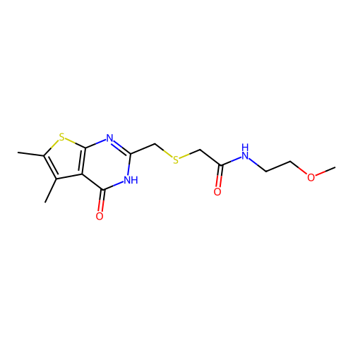 2-(((5,6-dimethyl-4-oxo-3,4-dihydrothieno[2,3-d]pyrimidin-2-yl)methyl)thio)-N-(2-methoxyethyl)acetamide structure