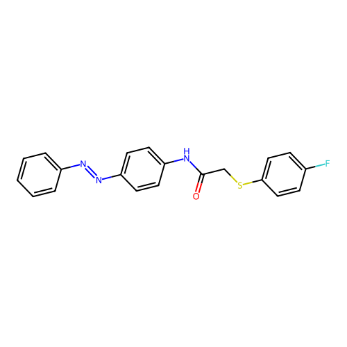 (E)-2-((4-fluorophenyl)thio)-N-(4-(phenyldiazenyl)phenyl)acetamide structure