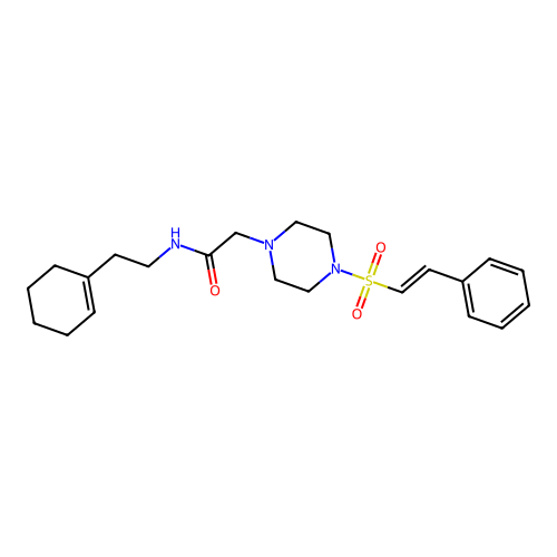 N-[2-(1-cyclohexenyl)ethyl]-2-[4-[(E)-2-phenylethenyl]sulfonylpiperazin-1-yl]acetamide structure