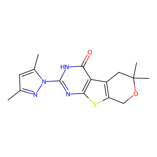 2-(3,5-dimethyl-1H-pyrazol-1-yl)-6,6-dimethyl-5,6-dihydro-3H-pyrano[4',3':4,5]thieno[2,3-d]pyrimidin-4(8H)-one structure