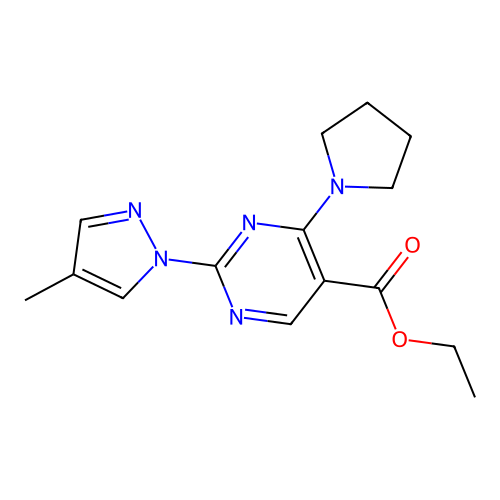 ethyl 2-(4-methyl-1H-pyrazol-1-yl)-4-(pyrrolidin-1-yl)pyrimidine-5-carboxylate structure