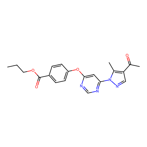 propyl 4-((6-(4-acetyl-5-methyl-1H-pyrazol-1-yl)pyrimidin-4-yl)oxy)benzoate structure