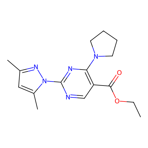 ethyl 2-(3,5-dimethyl-1H-pyrazol-1-yl)-4-(pyrrolidin-1-yl)pyrimidine-5-carboxylate structure
