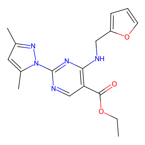 ethyl 2-(3,5-dimethylpyrazol-1-yl)-4-(furan-2-ylmethylamino)pyrimidine-5-carboxylate structure