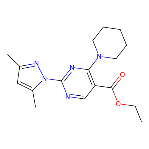 ethyl 2-(3,5-dimethyl-1H-pyrazol-1-yl)-4-(piperidin-1-yl)pyrimidine-5-carboxylate structure