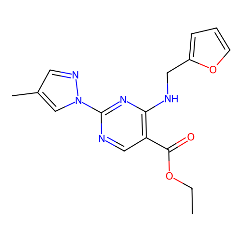 ethyl 4-((furan-2-ylmethyl)amino)-2-(4-methyl-1H-pyrazol-1-yl)pyrimidine-5-carboxylate structure