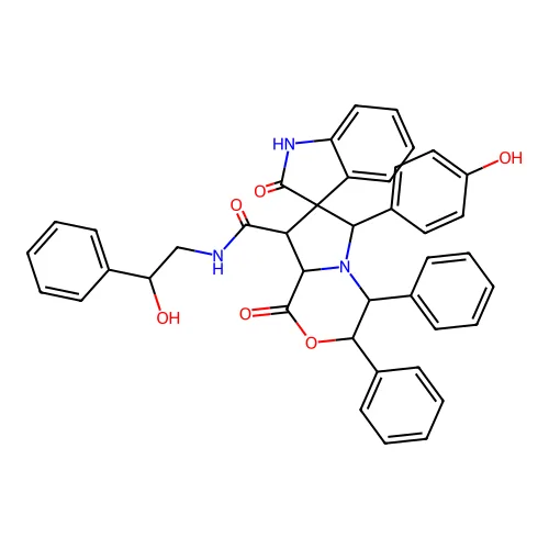 6''-(4-羟基苯基)-N-(2-羟基-2-苯基乙基)-1'',2-二氧代-3'',4''-二苯基螺[1H-吲哚-3,7''-4,6,8,8a-四氢-3H-吡咯并[2,1-c][1,4]氧杂嗪]-8''-甲酰胺 structure