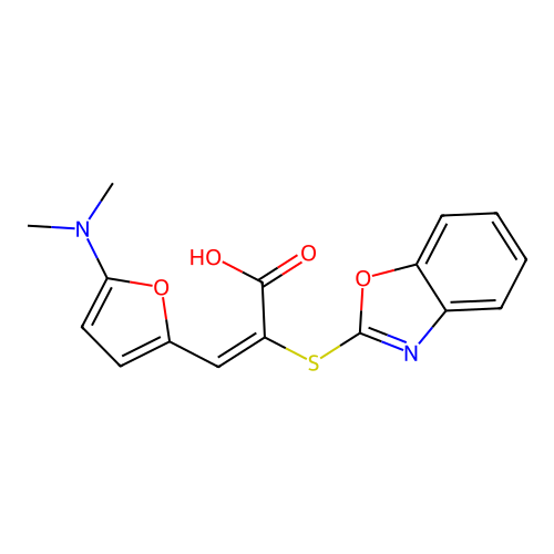 (E)-2-(1,3-benzoxazol-2-ylsulfanyl)-3-[5-(dimethylamino)furan-2-yl]prop-2-enoic acid structure