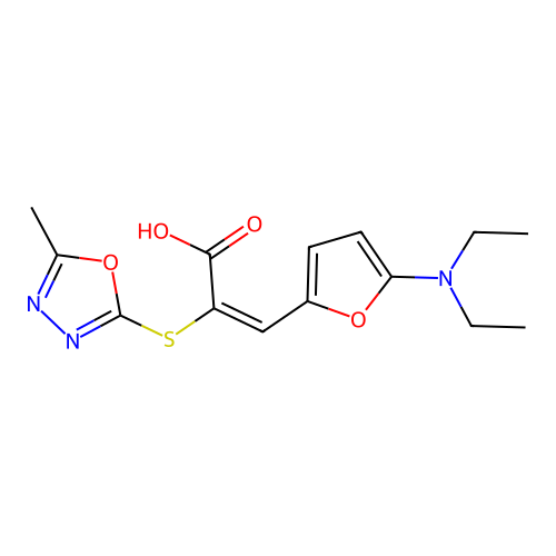 (E)-3-(5-diethylamino-2-furyl)-2-[(5-methyl-1,3,4-oxadiazol-2-yl)sulfanyl]prop-2-enoic Acid structure