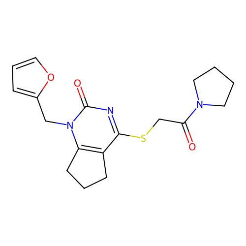 1-[(furan-2-yl)methyl]-4-{[2-oxo-2-(pyrrolidin-1-yl)ethyl]sulfanyl}-1H,2H,5H,6H,7H-cyclopenta[d]pyrimidin-2-one structure