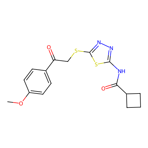 N-(5-{[2-(4-methoxyphenyl)-2-oxoethyl]sulfanyl}-1,3,4-thiadiazol-2-yl)cyclobutanecarboxamide structure