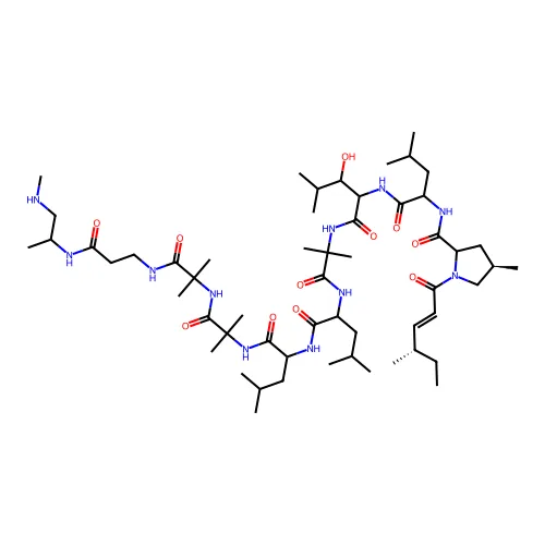 (4R)-N-[1-[[3-羟基-4-甲基-1-[[2-甲基-1-[[4-甲基-1-[[4-甲基-1-[[2-甲基-1-[[2-甲基-1-[[3-[1-(甲基氨基)异丙基氨基]-3-氧代丙基]氨基]-1-氧代异丙基]氨基]-1-氧代异丙基]氨基]-1-氧代戊烷-2-基]氨基]-1-氧代戊烷-2-基]氨基]-1-氧代异丙基]氨基]-1-氧代戊烷-2-基]氨基]-4-甲基-1-氧代戊烷-2-基]-4-甲基-1-[(E,4S)-4-甲基己-2-烯酰]吡咯烷-2-甲酰胺 structure