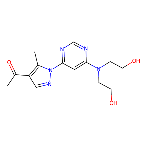 1-(1-(6-(bis(2-hydroxyethyl)amino)pyrimidin-4-yl)-5-methyl-1H-pyrazol-4-yl)ethanone structure