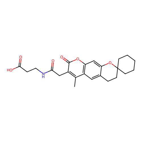 3-(2-(6'-methyl-8'-oxo-4',8'-dihydro-3'H-spiro[cyclohexane-1,2'-pyrano[3,2-g]chromen]-7'-yl)acetamido)propanoic acid structure