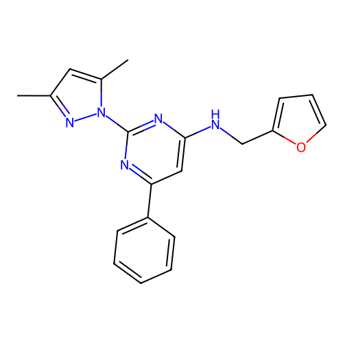 2-(3,5-dimethyl-1H-pyrazol-1-yl)-N-(furan-2-ylmethyl)-6-phenylpyrimidin-4-amine structure