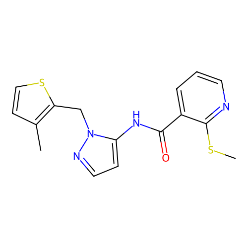 2-methylsulfanyl-N-[2-[(3-methylthiophen-2-yl)methyl]pyrazol-3-yl]pyridine-3-carboxamide structure
