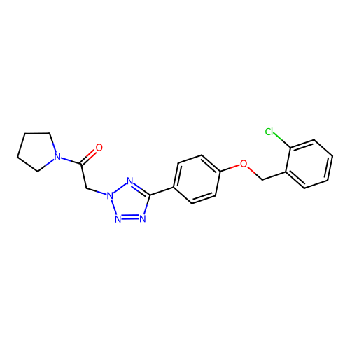 2-(5-(4-((2-chlorobenzyl)oxy)phenyl)-2H-tetrazol-2-yl)-1-(pyrrolidin-1-yl)ethanone structure