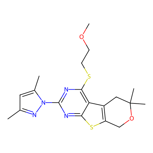 2-(3,5-dimethyl-1H-pyrazol-1-yl)-4-((2-methoxyethyl)thio)-6,6-dimethyl-6,8-dihydro-5H-pyrano[4',3':4,5]thieno[2,3-d]pyrimidine structure