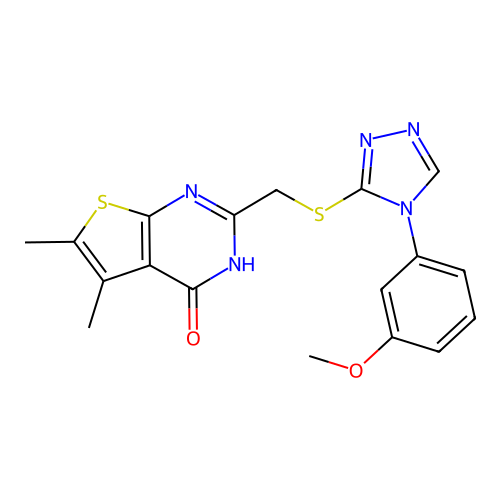 2-[[4-(3-methoxyphenyl)-1,2,4-triazol-3-yl]sulfanylmethyl]-5,6-dimethyl-3H-thieno[2,3-d]pyrimidin-4-one structure